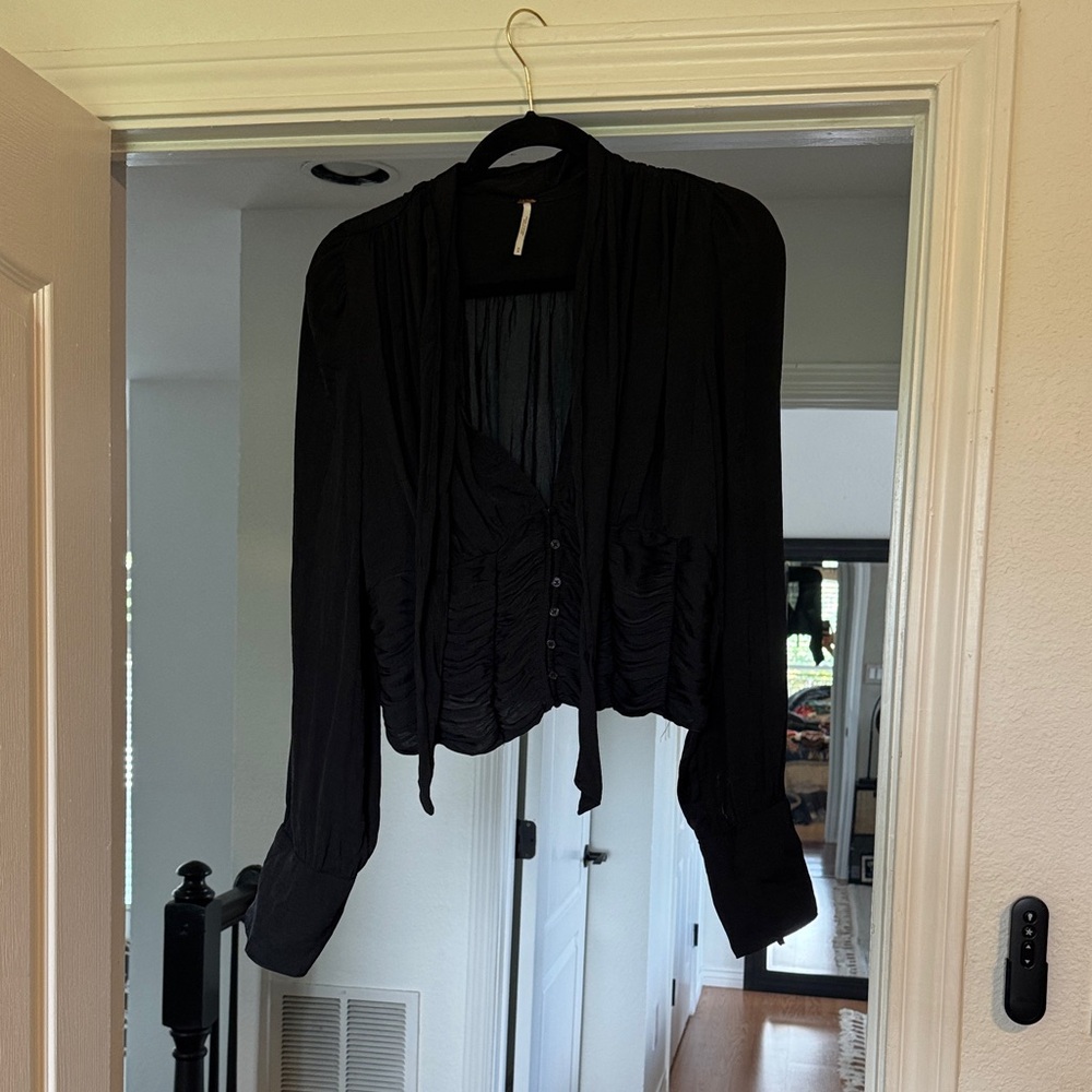 Free People Black Blouse with Buttons & Neck Scarf